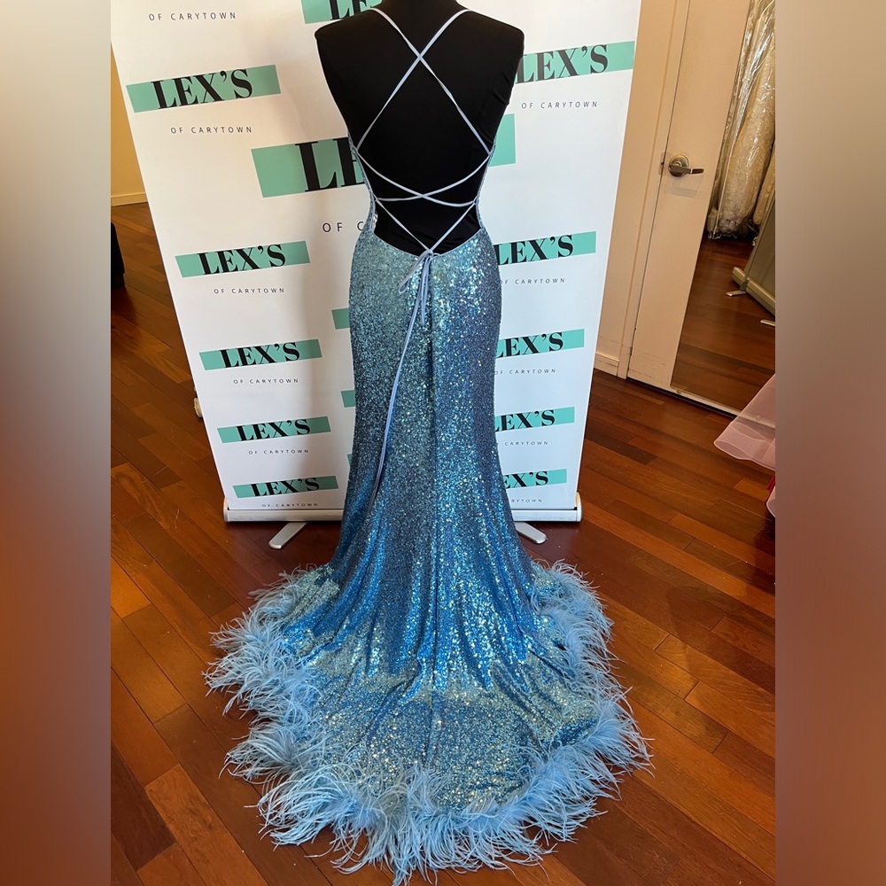 Sherri Hill fitted sequin gown with lace up, slit, and ostrich feathered hem - Picture 3 of 5